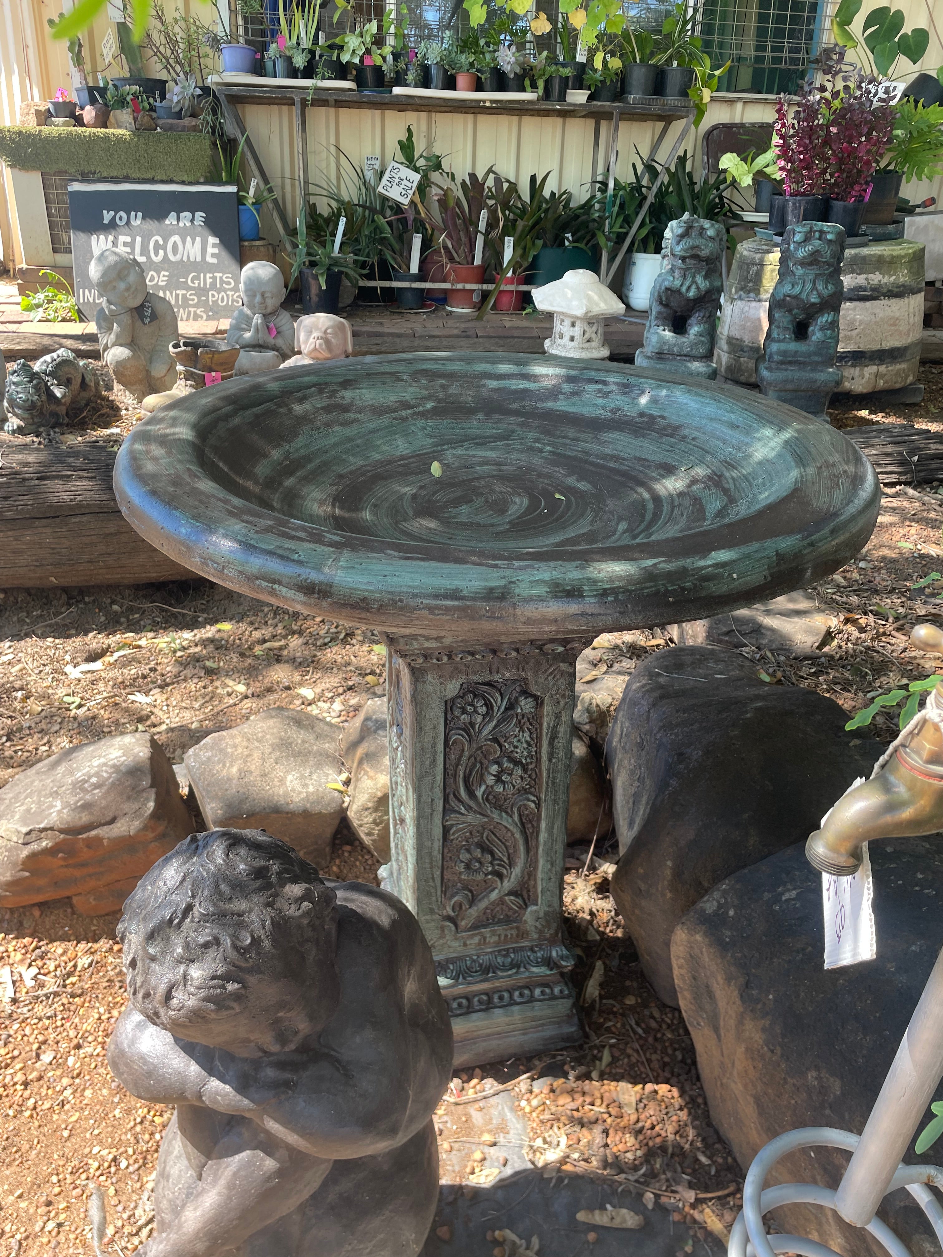 Square floral base with smooth bowl bird bath